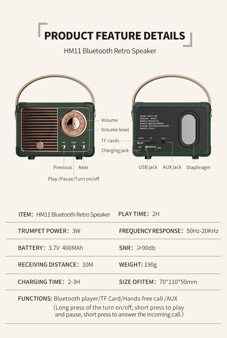 Retro Hifi Stereo Bluetooth Speaker – Portable, 5W, Vintage Design