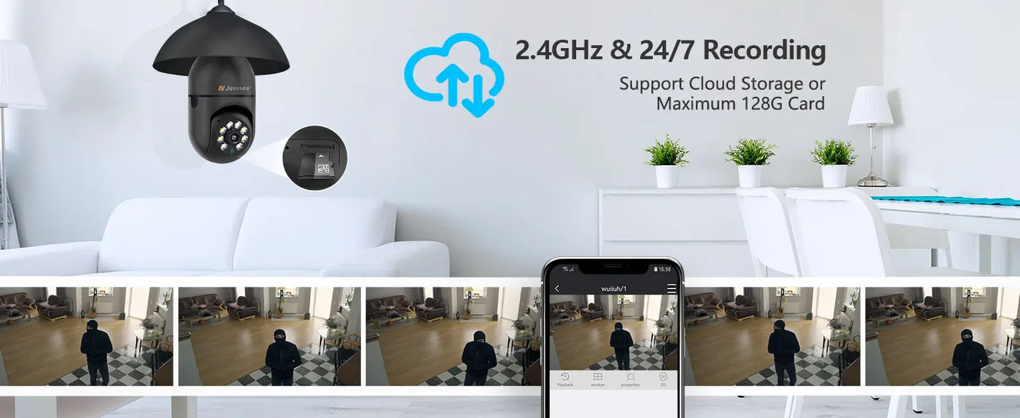 Jennov Light Bulb Security Camera - 360°/2K HD, Wireless Wi-Fi Camera