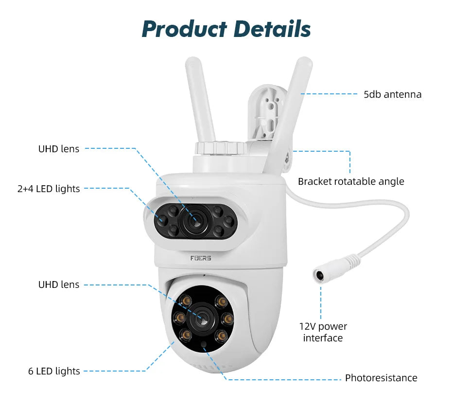 FUERS 5K Dual Lens IP Camera - 10MP, Auto Tracking, Outdoor WiFi CCTV