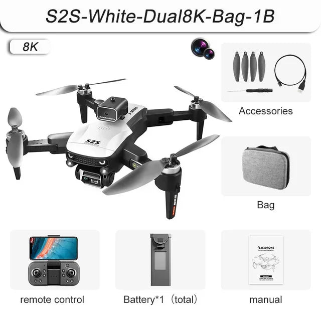 S2S Mini Drone – 4K/8K HD Camera, Brushless Motor, Foldable, Black