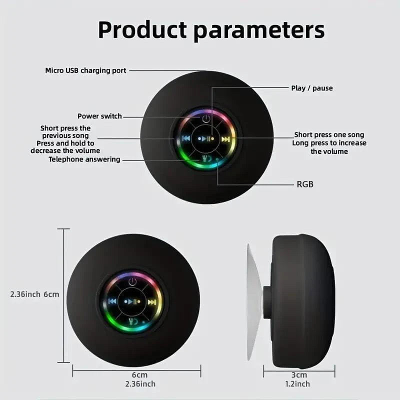 Portable Bluetooth Speaker – LED, IPX4 Waterproof, Large Suction Cup