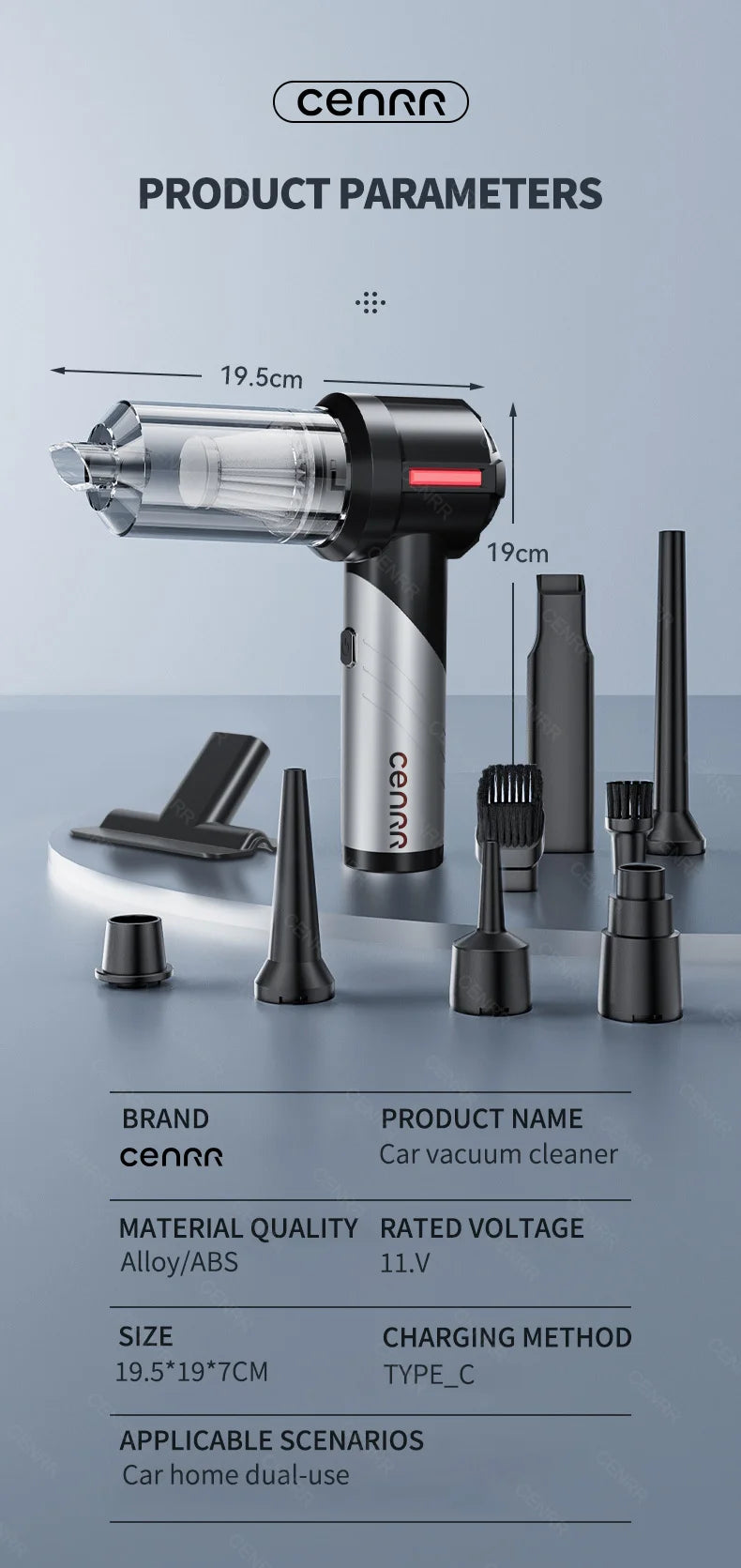 CENRR Car Vacuum Cleaner - High Pressure, Cordless, Mini Handheld Vac