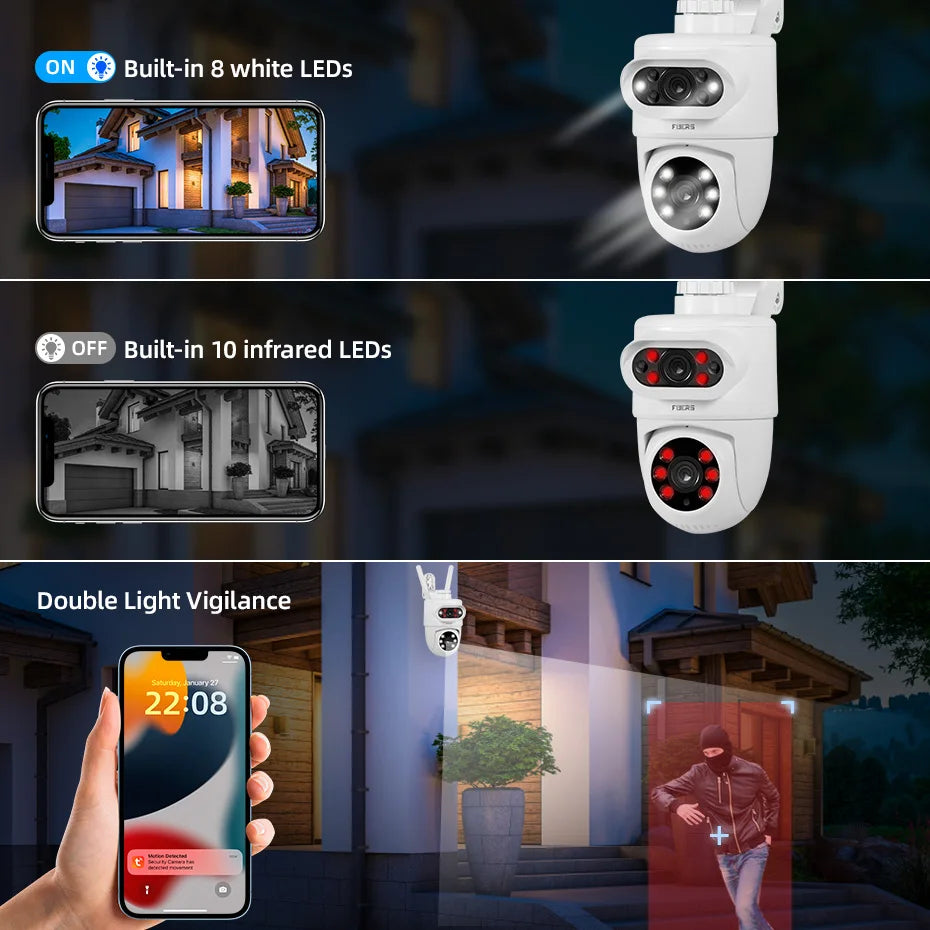 FUERS 5K Dual Lens IP Camera - 10MP, Auto Tracking, Outdoor WiFi CCTV