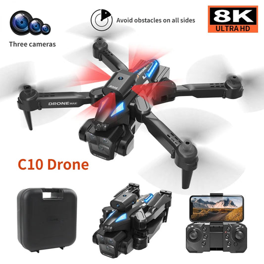 C10 RC Drone – 4K, 3 Cameras, WIFI FPV, Obstacle Avoidance, Black