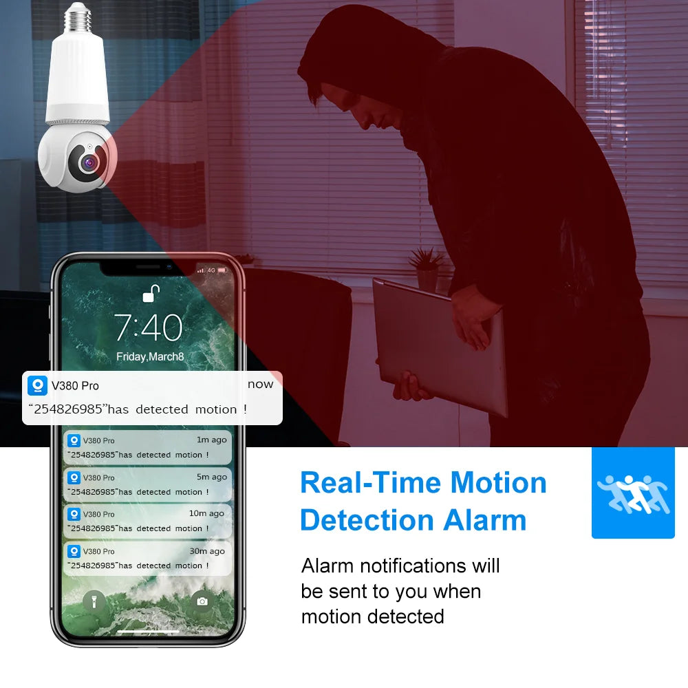 8MP E27 Bulb Camera - WiFi PTZ, 10X Zoom, AI Tracking, Night Vision
