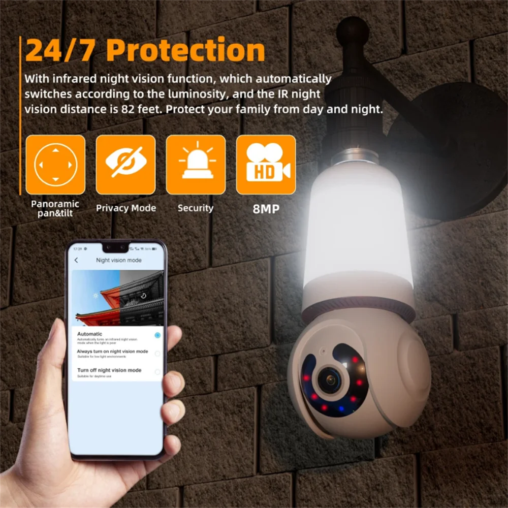 8MP E27 Bulb Camera - WiFi PTZ, 10X Zoom, AI Tracking, Night Vision