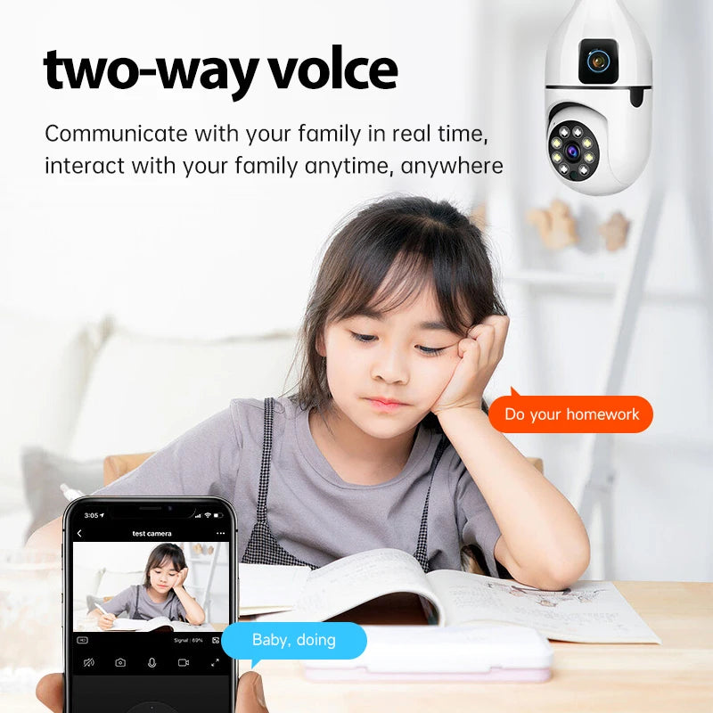 4MP E27 Bulb Camera - Dual Lens, 360° PTZ, WiFi, Night Vision, Two-Way Audio