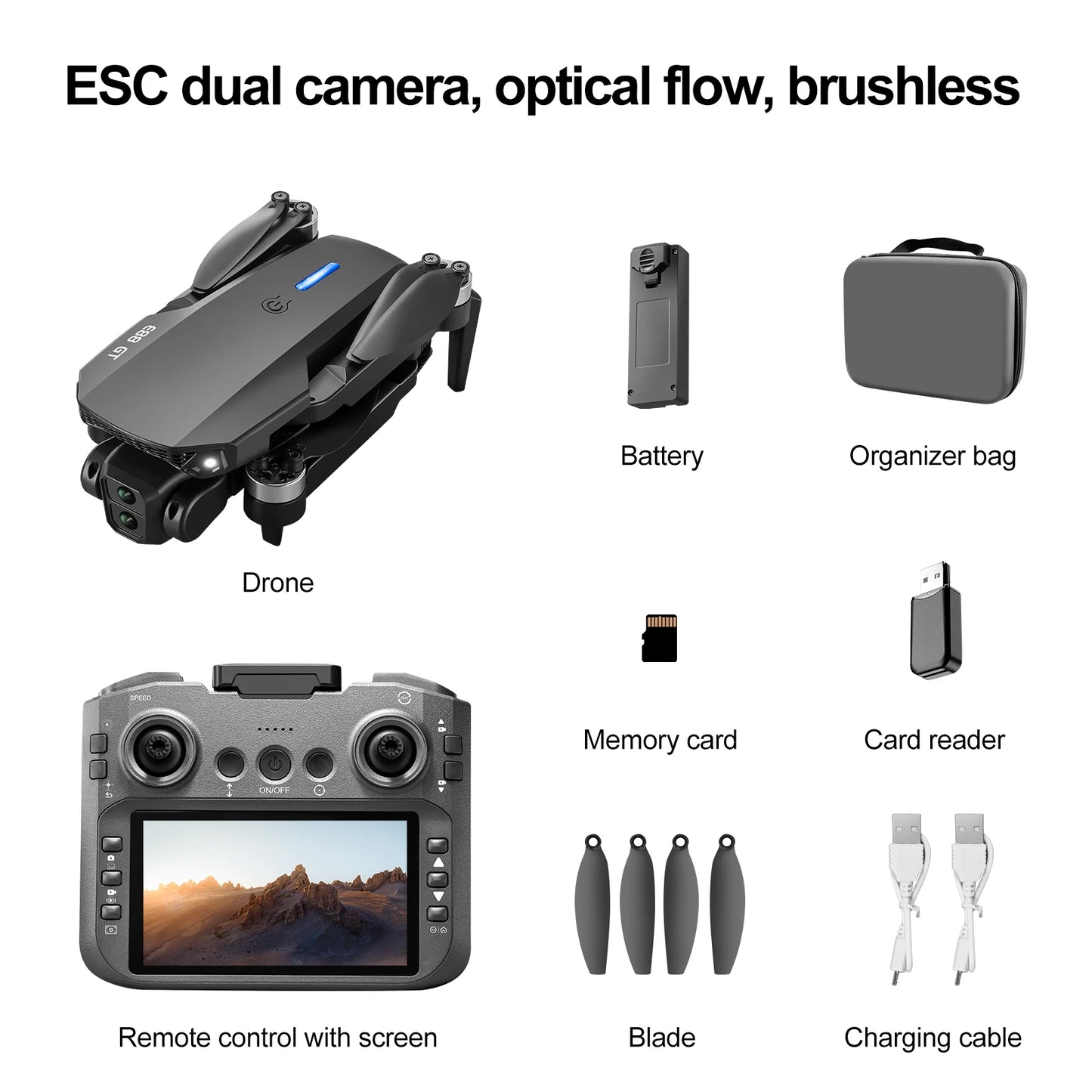 Black E88E99 GT Lighting Big Screen Control Mini Drone Dual Camera Optical Flow Fixed Height HD Aerial Photography Quadcopter