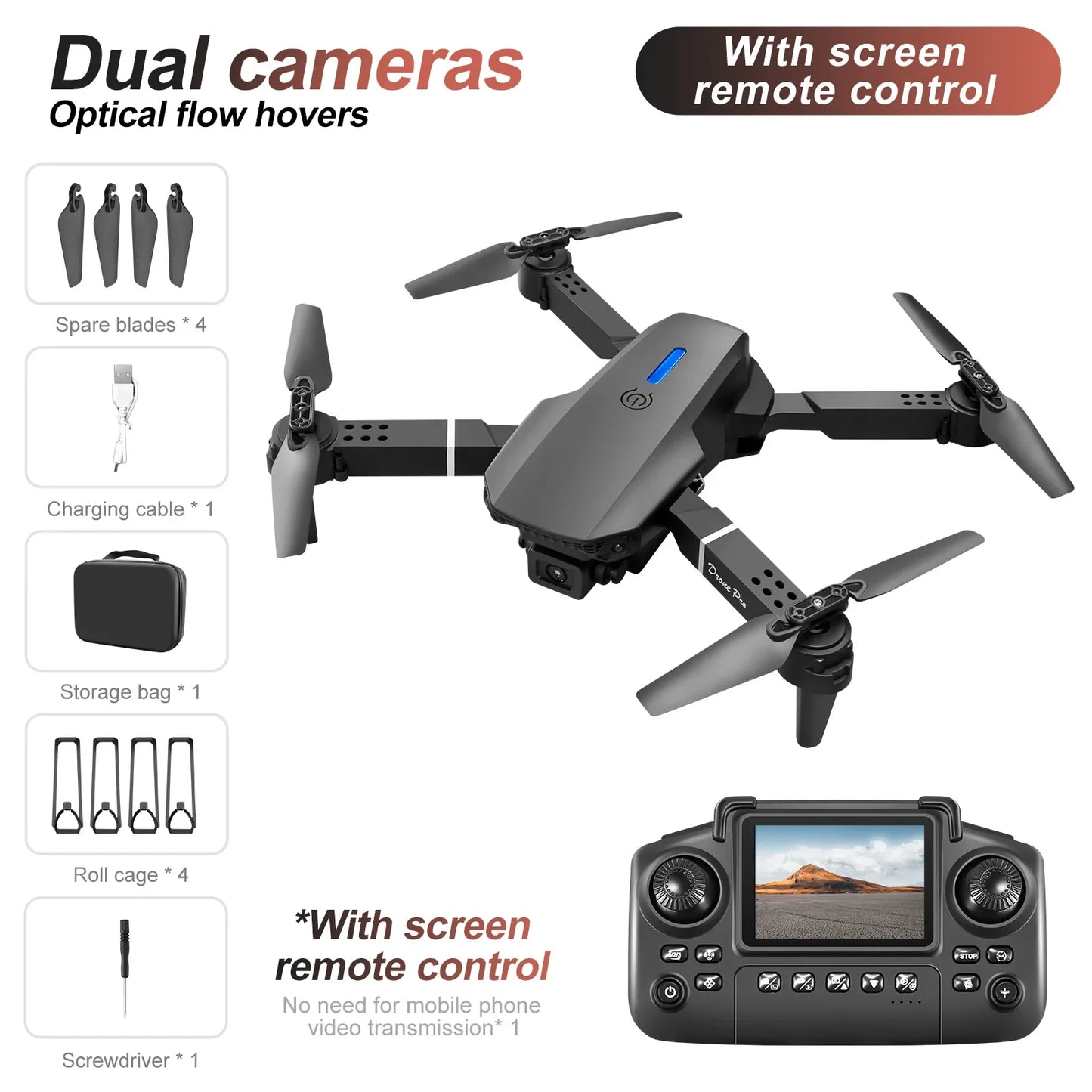 Black E88E99 GT Lighting Big Screen Control Mini Drone Dual Camera Optical Flow Fixed Height HD Aerial Photography Quadcopter
