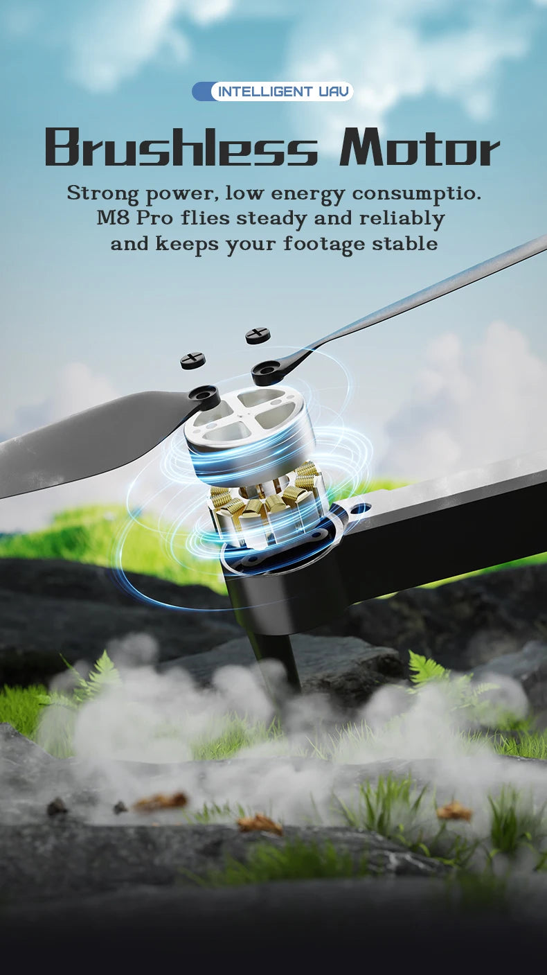 M8 PRO Drone – Brushless Motor, 2 Batteries, HD Camera, 360° Rolling, Black