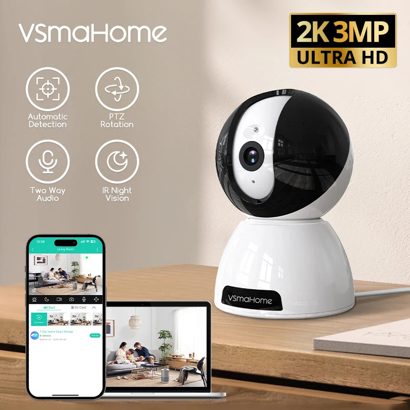 Vsmahome 3MP Indoor Security Camera – 2K HD, Alexa, 2-Way Audio