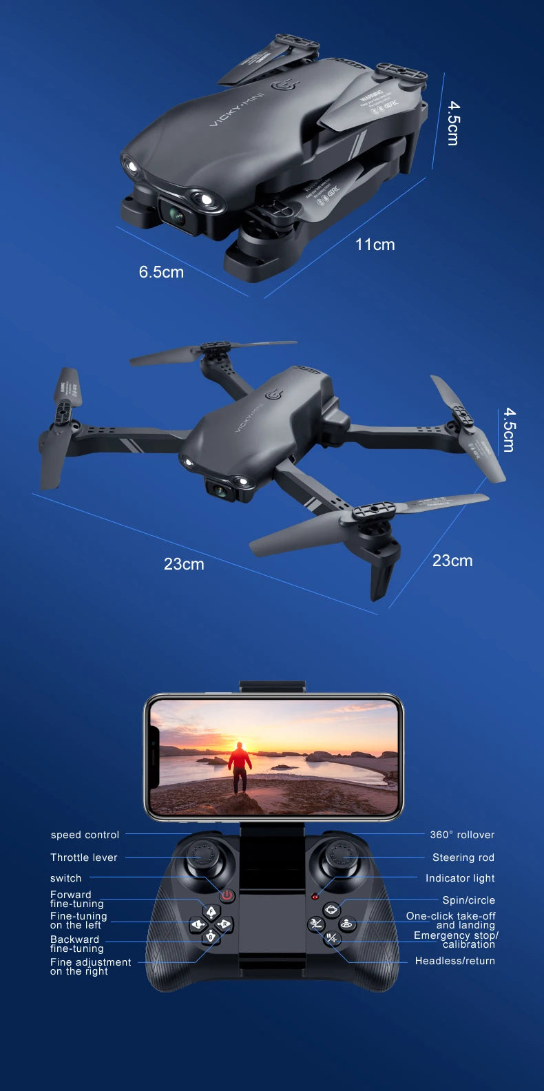 V13 Mini Drone – 4K HD, 1080P Dual Camera, 2.4G WIFI, Foldable, Black