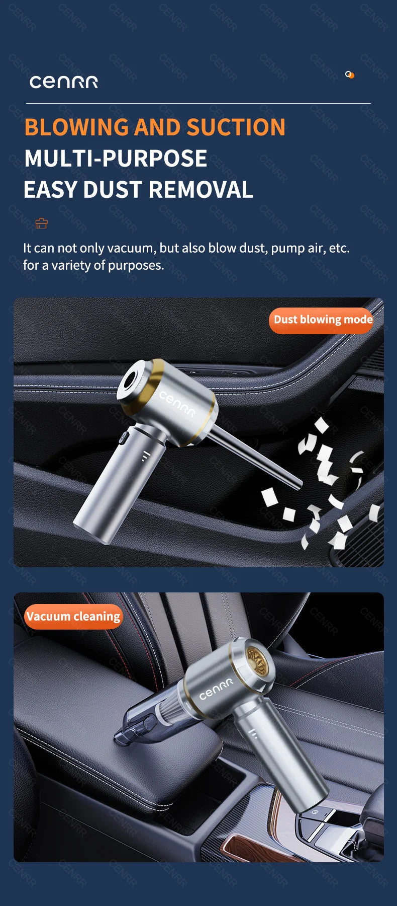 CENRR 360000PA Mini Car Vacuum Cleaner - Cordless, Handheld, Powerful