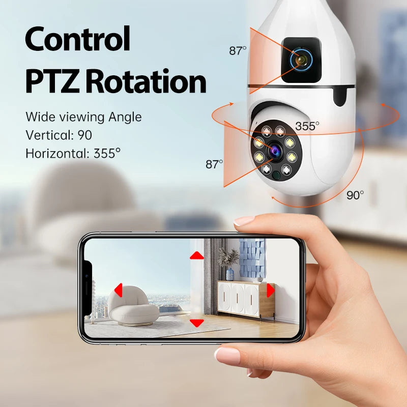 4MP E27 Bulb Camera - Dual Lens, 360° PTZ, WiFi, Night Vision, Two-Way Audio