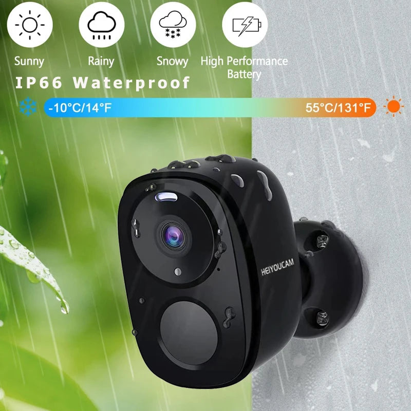 HEIYOUCAM 2K Wireless Outdoor Camera – Battery, Night Vision, Alexa, Black