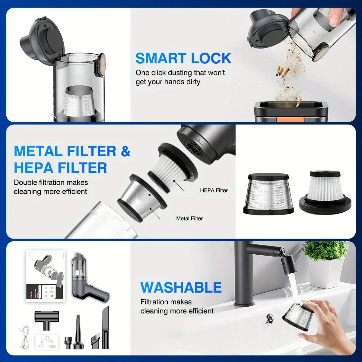 Cordless Vacuum Cleaner - 20000PA, Handheld, 3-in-1, Brushless Motor