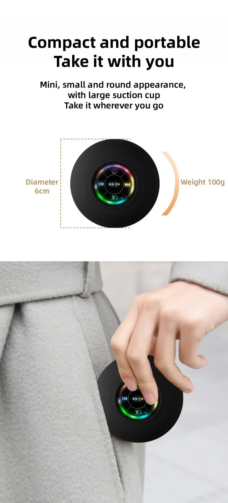 Portable Bluetooth Speaker – LED, IPX4 Waterproof, Large Suction Cup