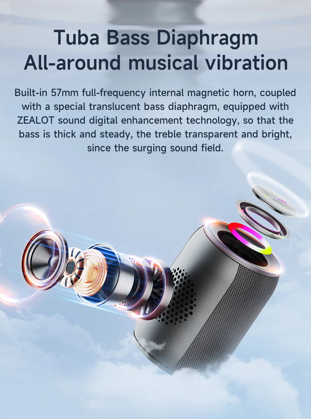 Zealot Speaker – S32PRO Bass Bluetooth, Waterproof LED Outdoor Black