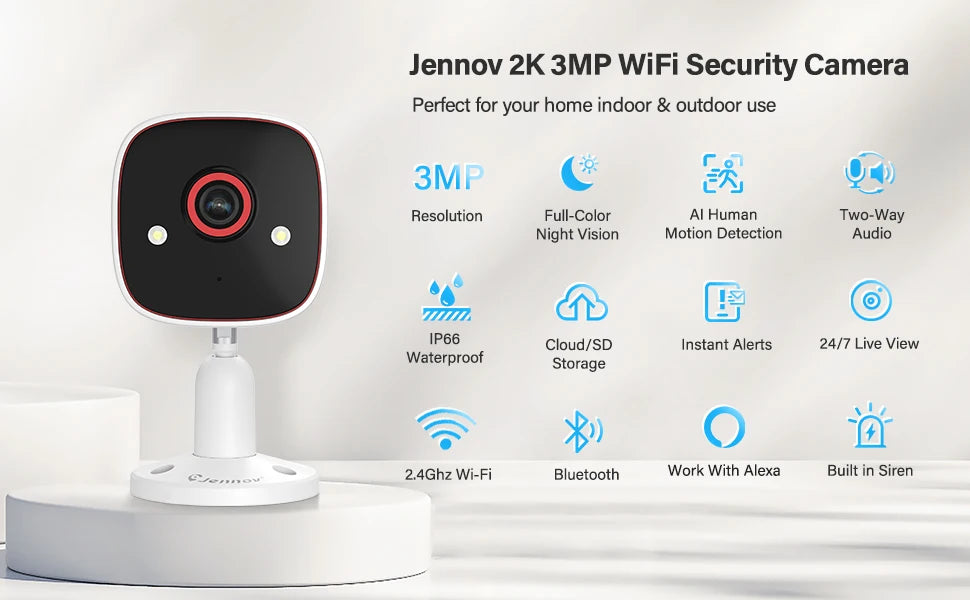 Jennov 2K Outdoor WiFi Camera – 3MP HD, 5GHz/2.4GHz, AI, Color Night Vision