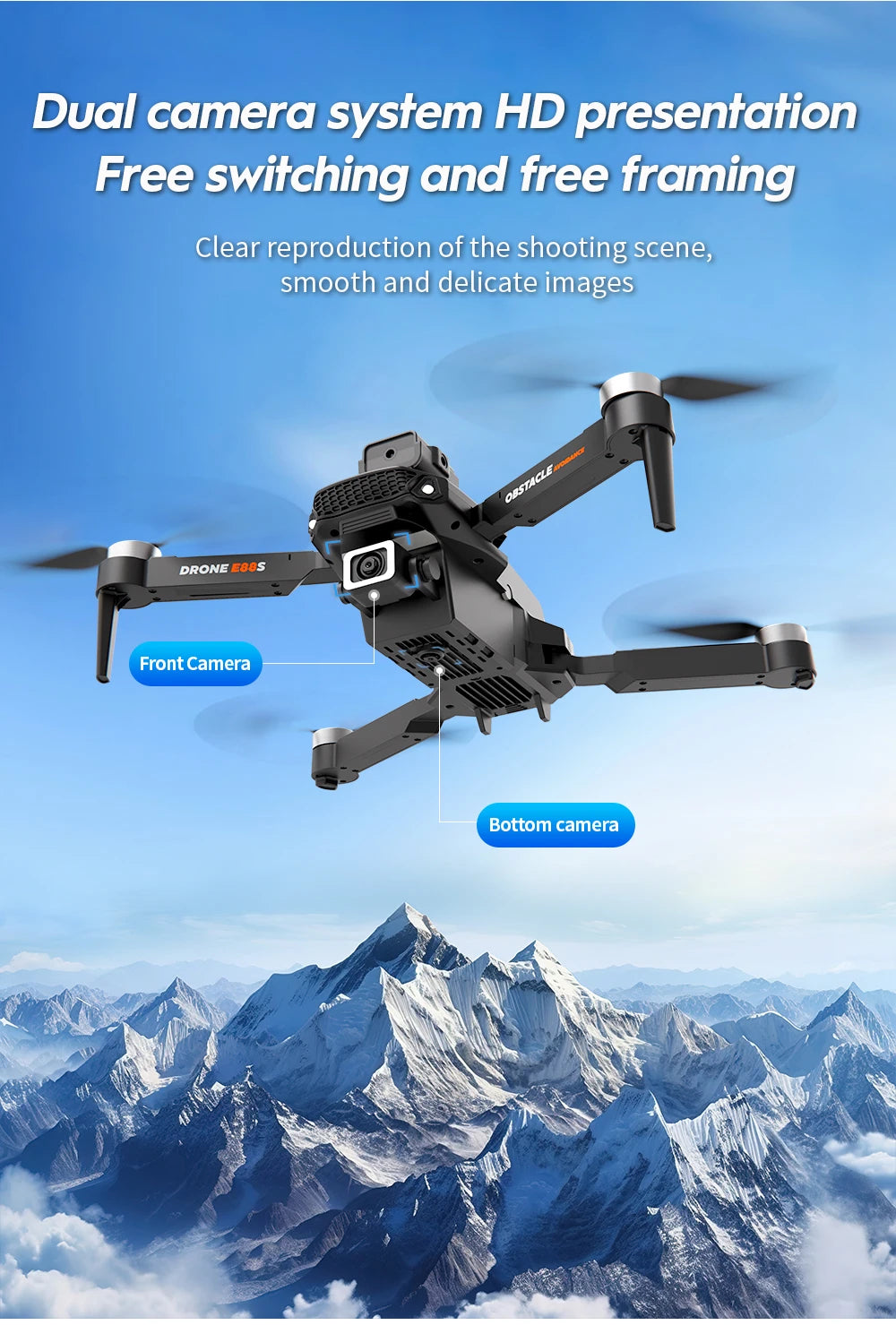 Mini Drone E88S 4k HD Dual Camera Foldable 360° Obstacle Avoidance WIFI FPV Brushless Quadcopter Helicopter Kids Toys Tarmac Pad
