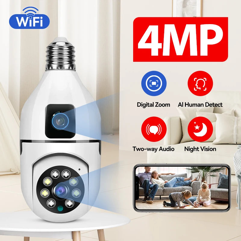4MP E27 Bulb Camera - Dual Lens, 360° PTZ, WiFi, Night Vision, Two-Way Audio