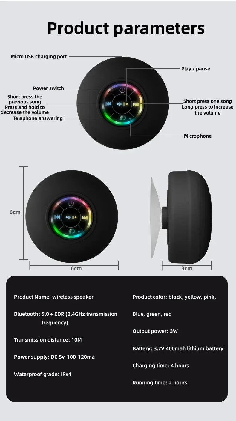 Portable Bluetooth Speaker – LED, IPX4 Waterproof, Large Suction Cup