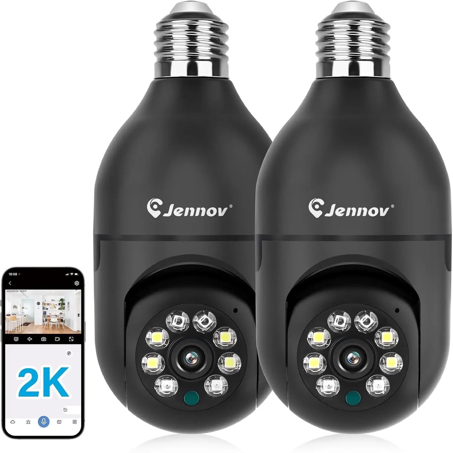 Jennov Light Bulb Security Camera - 360°/2K HD, Wireless Wi-Fi Camera