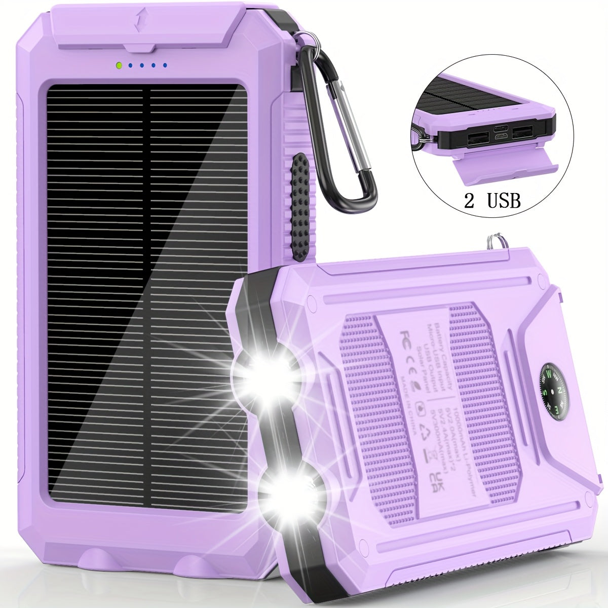20000mAh Solar Powered Power Bank with Flashlight/USB/Type-C/Micro-Interface/G Compass, Suitable for Mobile Digital Electronics Devices, Durable and Long-lasting, Travel Camping, LED Flashlight, Climbing Buckle. Portable Sola